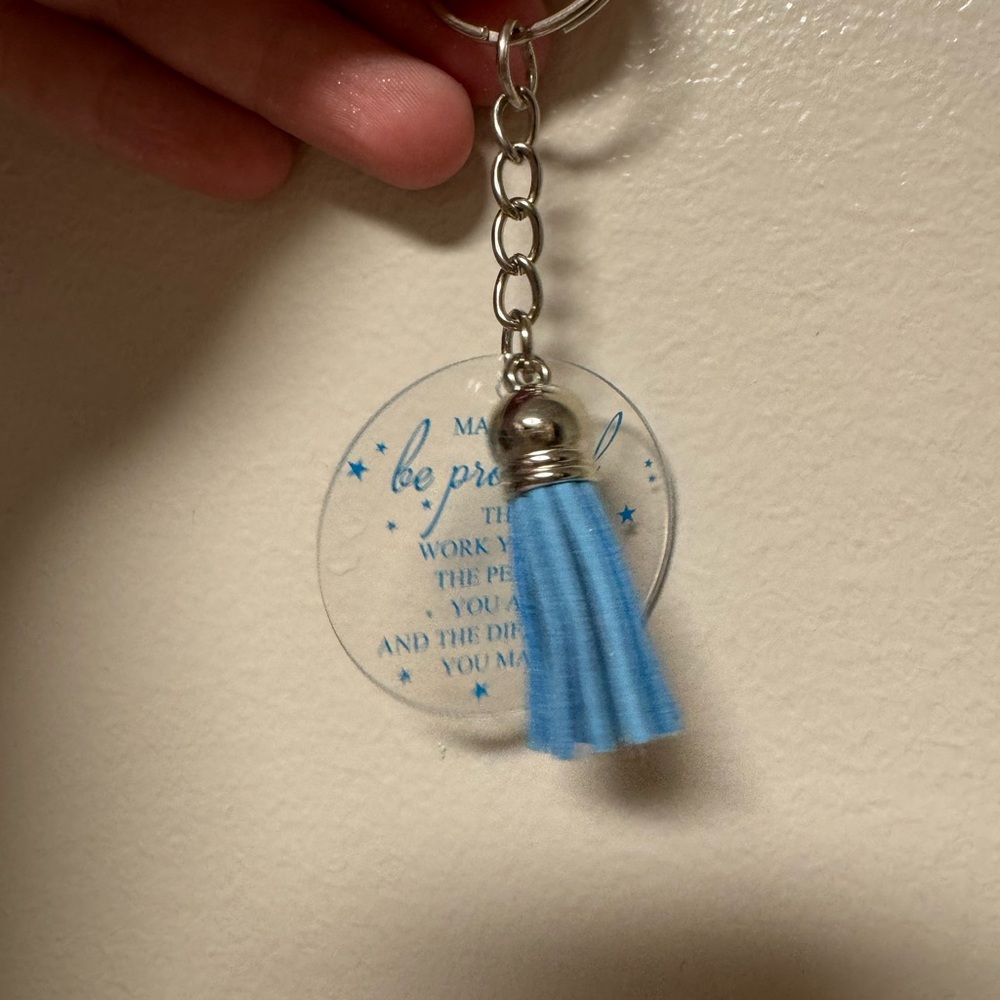 Blue Tassel Keychain with Inspirational Quote